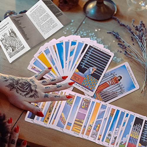SWZY Cartas Tarot Rider Waite Español, Baraja Bilingüe Tarot Deck con Manual en Papel Ingles, Cartas de Patrones Coloridos Juego de Cartas Adulto Juego de Mesa, para Hombres y Mujeres