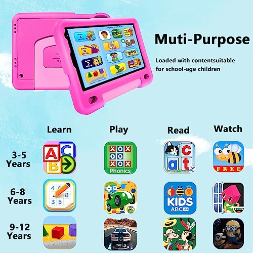Tablet Niños Android 12 GMS , Tablet Niños 8 Pulgadas 4GB RAM 64GB ROM (TF 128GB), Quad Core, Doble Cámara, Sistema Infantil con WiFi, Control Parental, Play Store, Kids Juegos Educativo- Rosa