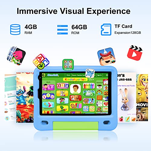 Tablet para Niños Android 12, 8 Pulgadas 4GB RAM 64GB ROM/TF 128GB, Control parental, Kids Educativos, Infantil WiFi 4000mAh, Dual Cámara, Play Store con Funda EVA(Azul)