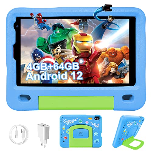 Tablet para Niños Android 12, 8 Pulgadas 4GB RAM 64GB ROM/TF 128GB, Control parental, Kids Educativos, Infantil WiFi 4000mAh, Dual Cámara, Play Store con Funda EVA(Azul)