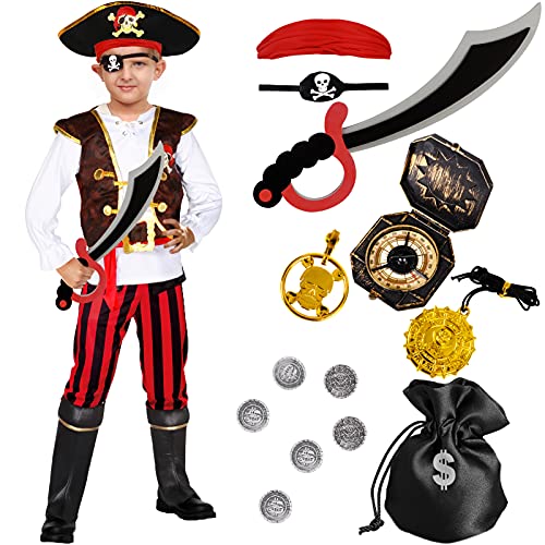 Tacobear Disfraz Pirata Niño con Pirata Accesorios Pirata Sombrero Parche Brújula Bolso Pendiente Pirata Capitán Disfraz de Halloween Carnaval para Niños Infantil 4 5 6 7 8 9 10 Años (S, 5-7 Años)