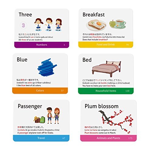 Tarjetas flash de vocabulario japonés para principiantes (con ilustraciones y oraciones de ejemplo), tamaño de carta de juego estándar, resistente, resistente al agua
