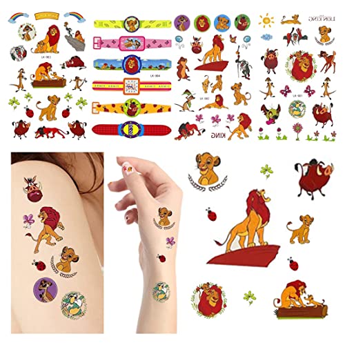 Tatuajes temporales para niños del Rey León juego de pegatinas de tatuajes del Rey León fiesta pegatinas de tatuajes favoritas (4 hojas)