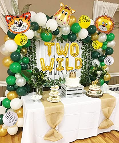 Tema de la jungla Suministros para la fiesta de segundo cumpleaños Globos de safari Decoraciones del kit de arco de guirnaldas, DOS globos de animales SALVAJES, hojas de palma artificiales verdes