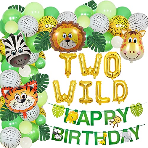 Tema de la jungla Suministros para la fiesta de segundo cumpleaños Globos de safari Decoraciones del kit de arco de guirnaldas, DOS globos de animales SALVAJES, hojas de palma artificiales verdes
