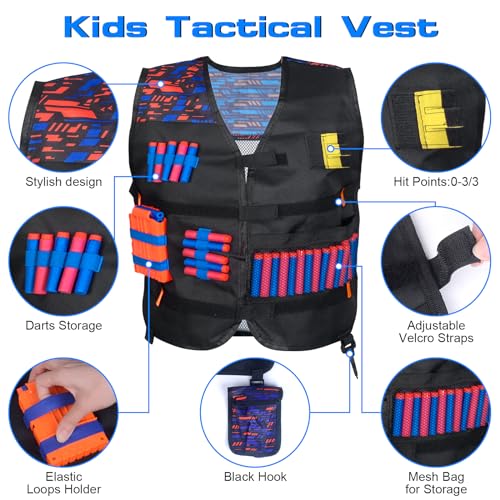 Tenuiskft Chaleco Táctico Infantil Nerf Vest Set para Nerf N Strike Elite Series, Accesorios Nerf con Recarga Rápida Cargadores, Recarga Dardos, Muñequeras, Gafas, Pañuelo para Niños Niñas