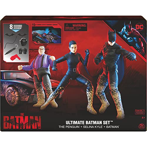 THE BATMAN-CONJUNTO DEFINITIVO BATMAN-DC COMICS- Figuras Batman, Catwoman Selina Kyle y el Pingüino 10 cm Articulados, el Batmóvil y 8 Accesorios (Solo en Amazon) -6063486- Juguetes Niños 4 Años +