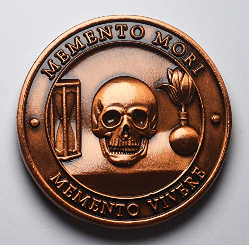 The Commemorative Coin Company MEMENTO MORI/VIVERE Moneda de cobre antiguo en cápsula. MORS VINCIT OMNIA. Tulip/Reloj de arena/Calavera Vida Estoica Muerte, Reflexión/Estoicismo