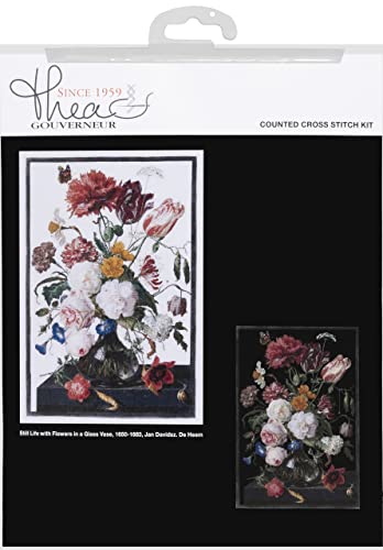 Thea Gouverneur - Kit de punto de cruz - Naturaleza muerta con flores en un jarrón de cristal - 2 - Aida negro - 14 unidades - para adultos - 785.07