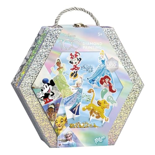 Totum Disney Diamond Painting Figuras en bonita caja de regalo – 6 personajes Disney para decorar con más de 850 diamantes en estuche de manualidades con purpurina, regalo para niños, tamaño mediano