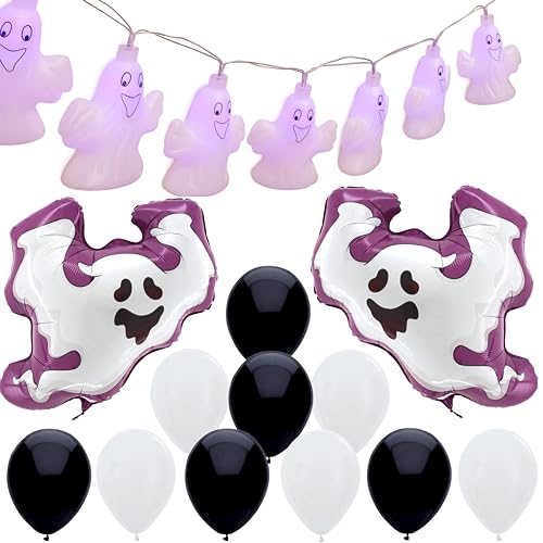 Toyland® Paquete de Halloween fantasma de 13 piezas - 2 x globos fantasma, luces LED fantasma y 10 x globos de látex blanco y negro - Decoraciones para fiestas