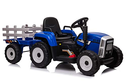Tractor con Batería 12V para Niños con Equipo de Sonido/Tractor Eléctrico Infantil con Mando Control Remoto, Remolque, Luces LED y Palanca de Cambio (Azul)