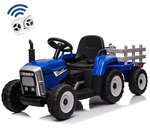 Tractor con Batería 12V para Niños con Equipo de Sonido/Tractor Eléctrico Infantil con Mando Control Remoto, Remolque, Luces LED y Palanca de Cambio (Azul)