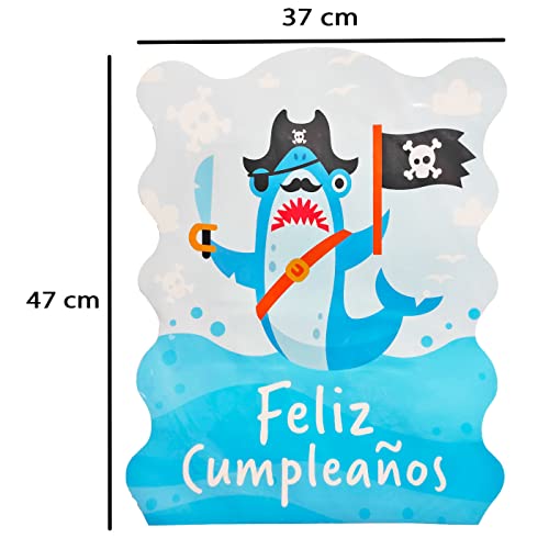 Tradineur - Piñata tiburón pirata de cartón, feliz cumpleaños, para rellenar con golosinas, chuches, niños, decoración infantil para fiestas - Azul, 37 x 47 cm