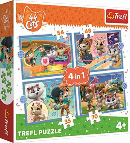 Trefl 4en1, 35 a 70 Elementos-Rompecabezas con Personajes de Cuento 44 Gatos, Diferente Grado de Dificultad, para Niños a Partir de 4 años Puzzle, Color Cats, la pandilla Felina (34612)