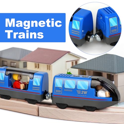 Tren Eléctrico de Juguete para Niños(Conexión Magnética), Tren de Locomotora de Acción con Pilas Compatible para Thomas Brio Chuggington, Juguete para Niños Niñas, Azul (No Incluye Vías de Madera)