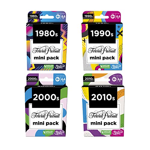 Trivial Pursuit Game Mini Packs Multipack, Preguntas divertidas de trivia para adultos y adolescentes a partir de 16 años, incluye 4 paquetes de juegos con 4 décadas