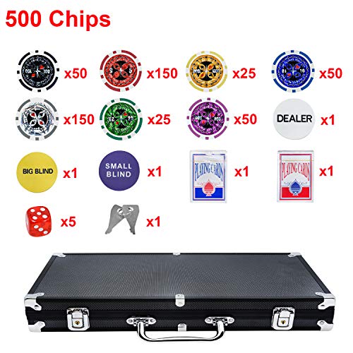TRMLBE Juego de Poker 500 fichas Set de póquer fichas de póquer láser Incluye 2 Barajas de póquer, 3 Botones de crupier, 5 Dados, Estuche de Aluminio con 2 Llaves - Negro