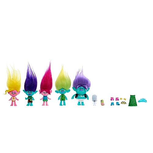 Trolls 3 Todos Juntos Pack 5 muñecos pequeños Reina Poppy, Viva, Branch, Clay y Spruce Bruce con figuras de Sr. Dinkles y Mini Diamante, inspirado en la película, juguete +3 años (Mattel HPW78)