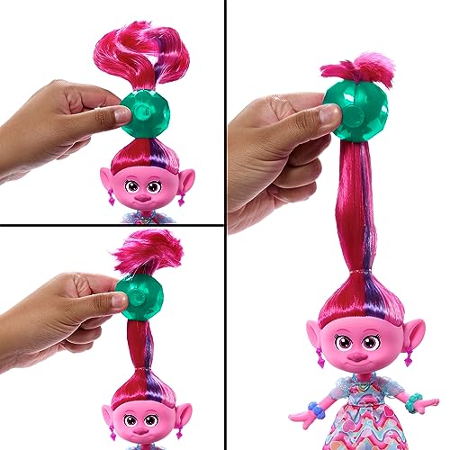 Trolls 3 Todos Juntos Reina Poppy Muñeca con pelo rosa que se convierte en capa inspirada en la película, accesorios sorpresa dentro del pelo, juguete +3 años (Mattel HNF16)