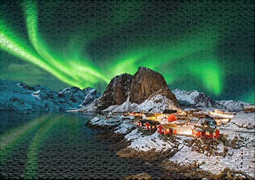 Ulmer Puzzleschmiede - Puzle noruego Aurora Borealis – Juego de 2000 piezas – Puzle de las luces polares sobre el pueblo pescador Hamnoy, Lofoten, Noruega.