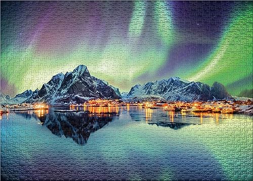 Ulmer Puzzleschmiede - Puzzle "Danza de las luces del norte" - Rompecabezas clásico de 500 piezas - Diseño noruego con luces del norte en el cielo nocturno sobre pueblos de pescadores en Lofoten,