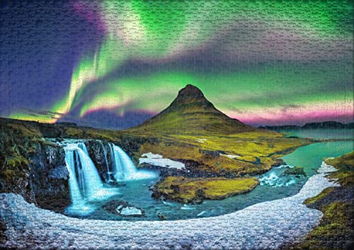 Ulmer Puzzleschmiede - Puzzle de Islandia "Berg & Licht" – Puzle de 2000 piezas – Puzle de las luces polares sobre el famoso Berg Kirkjufell – Paisaje bajo las luces del norte en Islandia