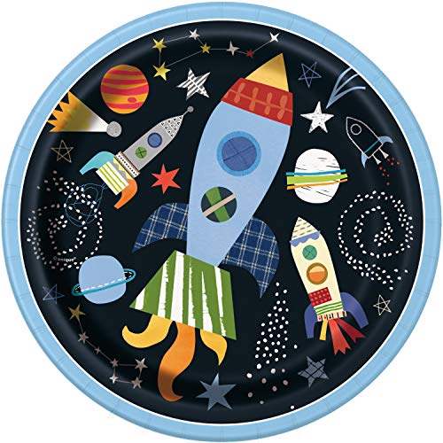 Unique- Platos de Papel Ecológicos-23 cm-Fiesta en el Espacio Exterior-Paquete de 8, Multicolor (73265EU)