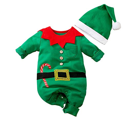 Unisexo Disfraz de Elfo Ropa,Disfraz Papa Noel Bebe Niño Recién Nacido Mono Bebe niñas y niños Mi Primera Navidad (Verde-B, Recién Nacido-3 Meses)