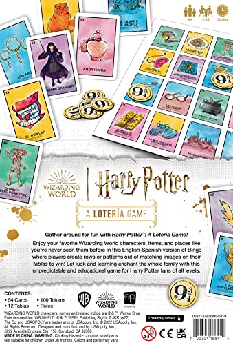 USAopoly Lotería de Harry Potter | Juego de Azar Tradicional de la Lotería Mexicana | Juego de Estilo Bingo con Ilustraciones e Ilustraciones Personalizadas de películas de Harry Potter