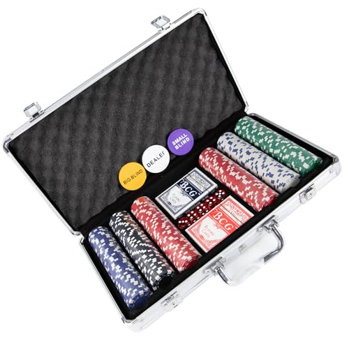 various-Juego de 300 Piezas en Caja de Aluminio con fichas de póquer de Peso Pesado de 11,5 g, 2 Barajas de Cartas de Juego de Distribuidor de Botones Ciegos Grandes y pequeños y 5 Dados