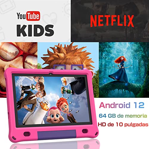 VASOUN Android 12 Tablet para Niños, Pantalla Grande IPS HD De 10 Pulgadas, 3GB+64GB, Software Infantil Preinstalado, Control Aprendizaje Juego, Tableta WiFi con Carcasa Segura para Niños (Rosa)