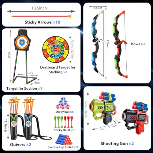 VATOS Juego de 2 juguetes de arco y flecha para niños de 3 a 12 años y niñas, juguete de tiro con arco con copa de succión y 29 en tablero de dardos, regalo de actividad para interiores y exteriores