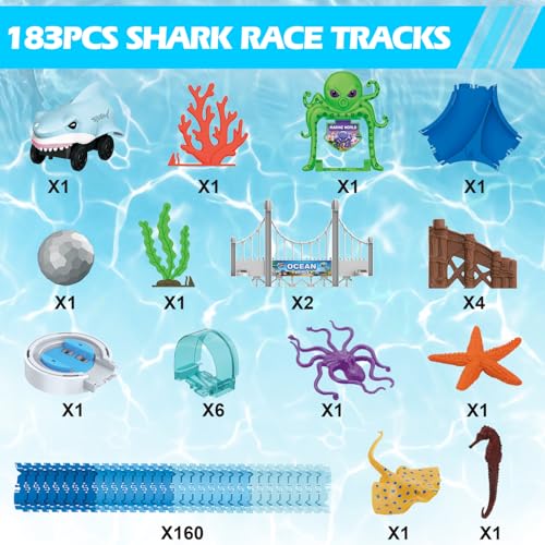 VATOS Juguete para pista de carreras a partir de 3, 4, 5, 6, 7, 8 años, 183 piezas, pista de carreras de tiburón flexible con pelota, juguete de tracción con tema marino STEM, juego de aprendizaje de