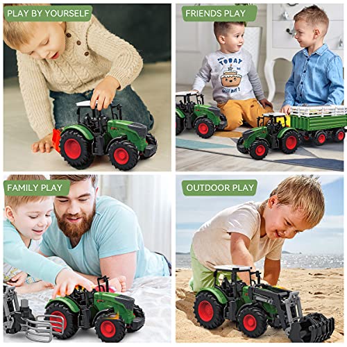 Vehículos de tractor agrícola Tractor Remolque con pinza redonda de carga frontal inclinable Remolque de fertilizante esparcidor con leche vaca, juguetes de cultivo para niños y niños pequeños