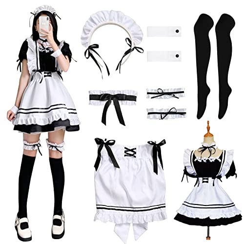 Vestido de Maid Cosplay, Maid Dress Anime French Maid Delantal Fancy Dress Set, Disfraz de Sirvienta Clásica en Blanco y Negro, para Disfraces, Carnavales y Juegos de Rol, Talla S