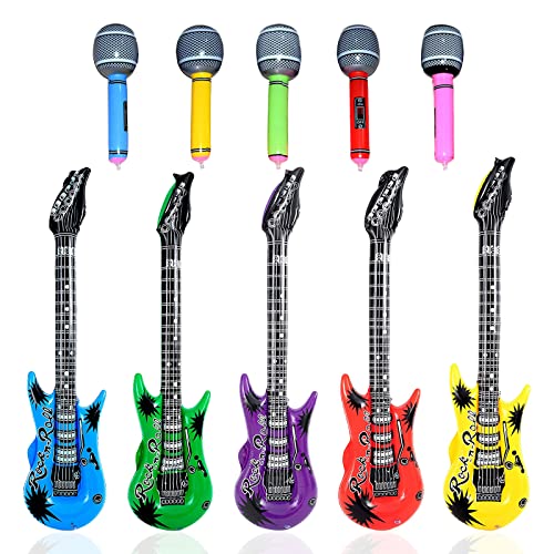 VIKSAUN 10 Piezas Inflables Rock Star Toy Set 5 Guitarras inflables 5 Micrófonos inflables Guitarra de Aire Carnaval Artículo, para Fiestas Temática Festival Juego de Roles Cosplay (10 Piezas)
