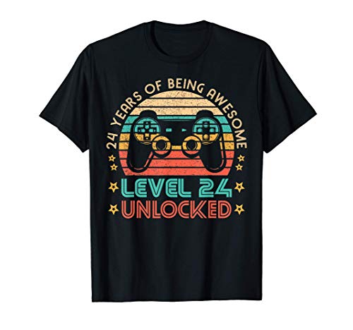 Vintage 24th Birthday Level 24 Unlocked Funny Gamer Gift Camiseta