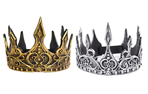 VKI® 2 Piezas Rey Medieval Corona Diadema Tiara Escenario Halloween Cosplay Corona Prop Disfraz para Adultos, Oro y Plata