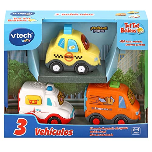 VTech - TutTut Bólidos Pack de 3 Coches con botón Sorpresa, Walkie el Taxi, Simoneta la Furgoneta y Nina Ambulancia, Versión ESP