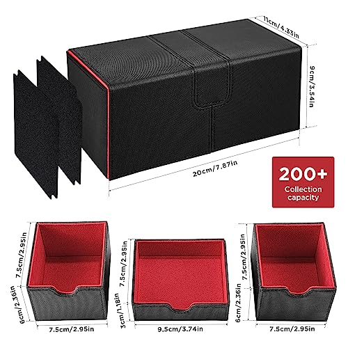 Weigudoc Caja de Cartas Magnetic para 200+ PTCG Cartas, Deck Box Compatible con Cartas MTG TCG CCG, Flip Box de Tarjetas con 3 Compartimentos, Incluye 2 Separadores de Tarjetas Premium (Negro Rojo)