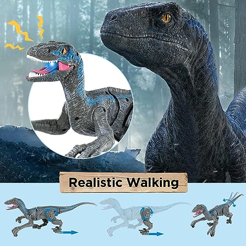 Weigudoc Juguetes de Dinosaurio RC, Velociraptor Realista para Niños, Dinosaurio RC, Caminar, Rugir, Ojos Iluminados y Cabeza Flotante para Niños Pequeños y Niñas(Gray)