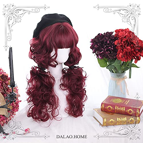 WHBHD Medio Largo Lolita Wig Harajuku Hair Japonés Terciopelo Rojo Velveta Ruta Rool Peluca Anime Cosplay Peluca Pelucas sintéticas Resistentes al Calor