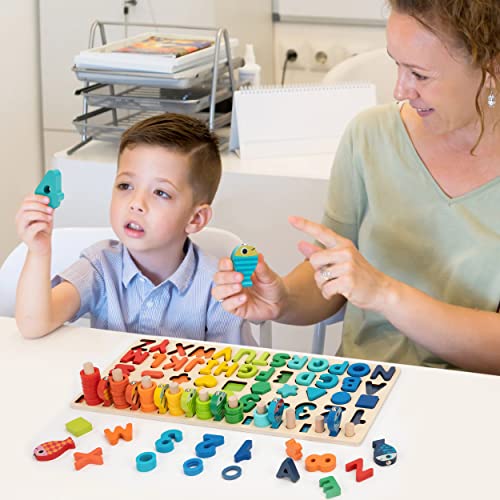 Wisplye Juguete Puzzle de Madera Montessori, Niños Educativos Juguetes Clasificación de Juegos Aprender los Números y Las Letras Reconocer Las Formas y Colores para Bebes 3+ años