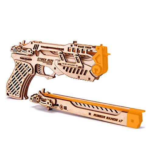 Wood Trick Cyber Gun 3D Wooden Puzzle - Rubber Band Toy Gun Pistol - Wood Model Kit for Adults and Kids to Build - 14+