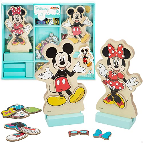 WOOMAX 48725 - Figuras Disney madera, Mickey madera, Minnie madera, juego magnético, 54 piezas, 22x30 cm, puzle de madera, Juguetes de madera natural, +3 años