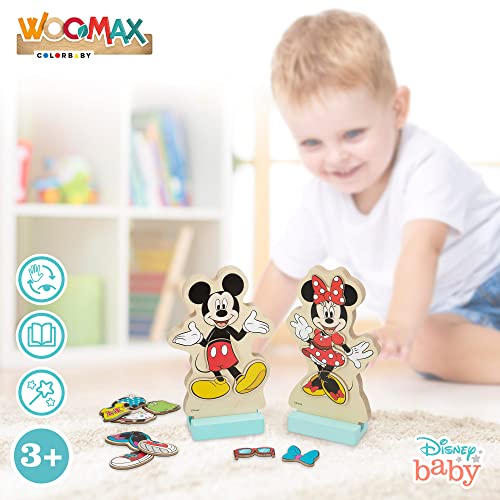 WOOMAX 48725 - Figuras Disney madera, Mickey madera, Minnie madera, juego magnético, 54 piezas, 22x30 cm, puzle de madera, Juguetes de madera natural, +3 años