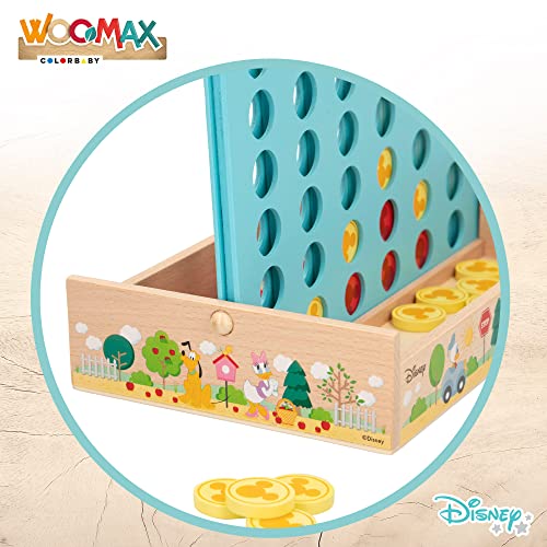 WOOMAX 48734 - Juego cuatro en raya de madera Disney, Juego de mesa educativos, Mickey Mouse, Incluye 37 piezas, A partir de 3 años, Regalos infantiles
