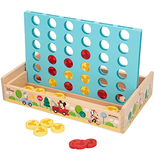 WOOMAX 48734 - Juego cuatro en raya de madera Disney, Juego de mesa educativos, Mickey Mouse, Incluye 37 piezas, A partir de 3 años, Regalos infantiles