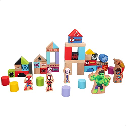 WOOMAX 48755 - Spidey y su superequipo, Bloques de construcción de madera para niños, Juego para construir castillos y murallas, Bloques de colores para jugar